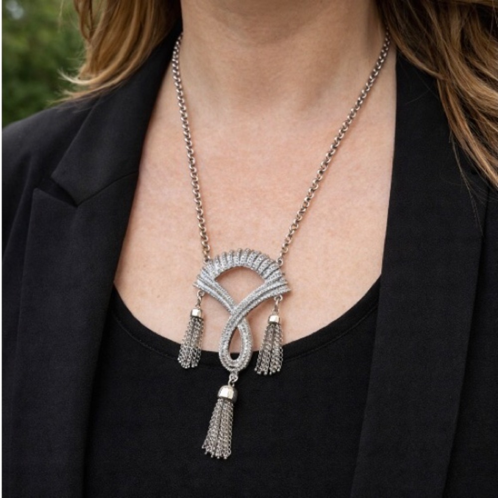 Silver Necklace with fan shape pendant and Tassel Accents